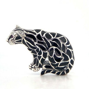 Black Panther Enamel and Ruby Eye Panther Brooch Silver, Gift for Her, Big Cat Lovers, Plique a Jour