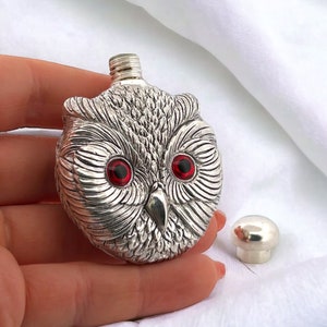 Silver Owl Perfume Bottle with Red Glass Eyes, Novelty Bird Scent Bottle