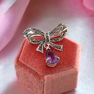 Vintage Silver Bow Amethyst Brooch, Hallmarked Fine Costume Jewelry with Marcasites
