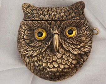 Brass Owl Vesta, Glass Eyes, Decorative Match Safe, Collectible