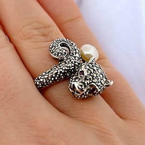 Solid Silver Panther Ring with Marcasites, Rubies and Pearl, Big Cat Ring