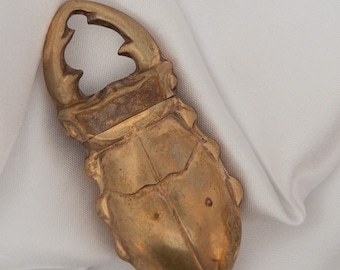 May include: A gold-colored metal bottle opener shaped like a beetle. The bottle opener has a detailed design and a functional opening for opening bottles.