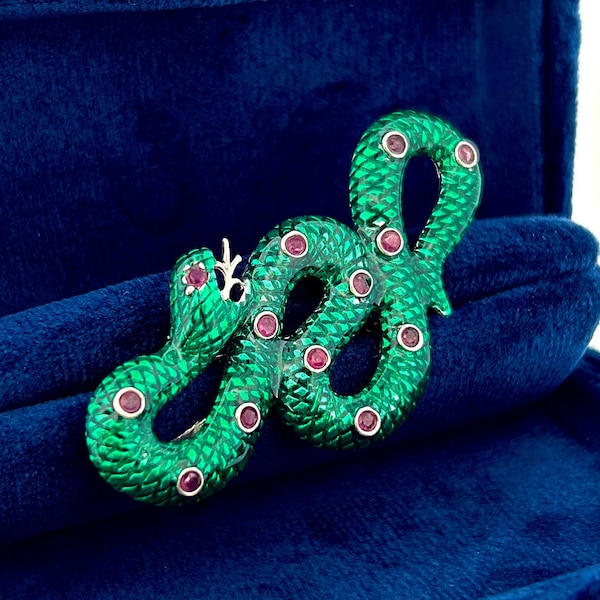 Épingle serpent vert, broche serpent en argent et rubis, broche en émail terre, épingle pour les amoureux de la nature, broche australienne