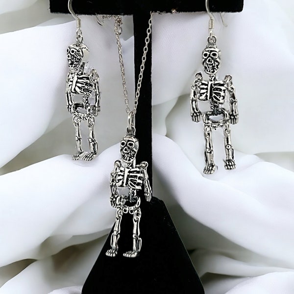 Skeleton Jewelry Set, Earring and Necklace Set in Solid Silver, Gothic Earrings, Halloween Earrings, Spooky Jewellery, Skull, Gifts for Her