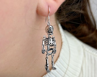 Skeleton Earrings in Solid Silver, Gothic Earrings, Halloween Earrings, Spooky Jewellery, Skull, Gifts for Her, Funnybones Memorabilia
