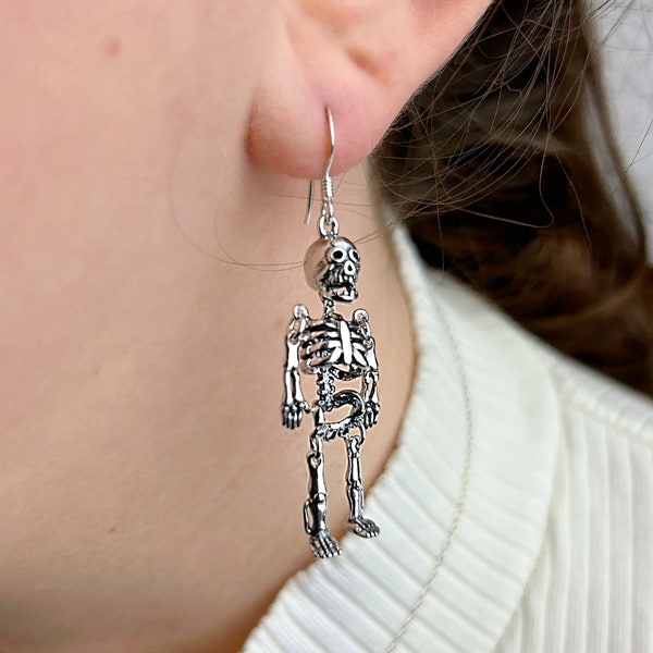 Skeleton Earrings in Solid Silver, Gothic Earrings, Halloween Earrings, Spooky Jewellery, Skull, Gifts for Her, Funnybones Memorabilia