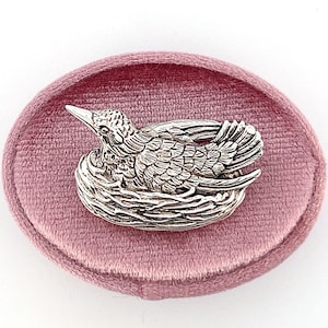 Sterling Silver Bird in Nest Brooch Pin