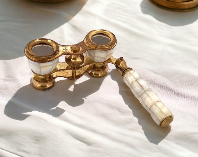 Theatrical Mother of Pearl Vintage Brass Opera Glasses with Wooden Box, Fine Binoculars with Handle
