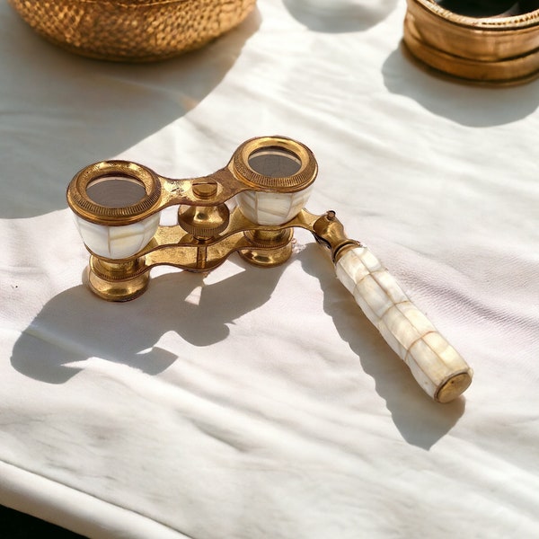 Theatrical Mother of Pearl Vintage Brass Opera Glasses with Wooden Box, Fine Binoculars with Handle