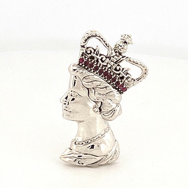 Queen Elizabeth II Royal Crown Brooch in Sterling Silver with Rubies