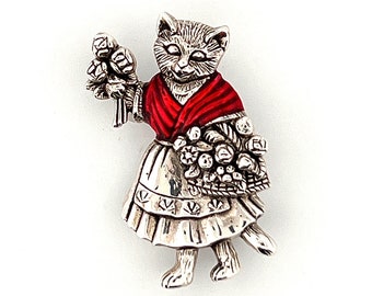 Sterling Silver Cute Cat with Bouquet of Flowers Brooch Pin