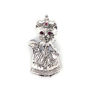 Solid Silver Queen Cat Brooch with Ruby Crown