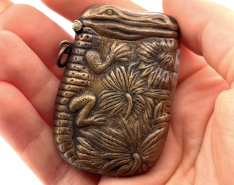 Brass Crocodile Vesta Case, Tropical Match Safe
