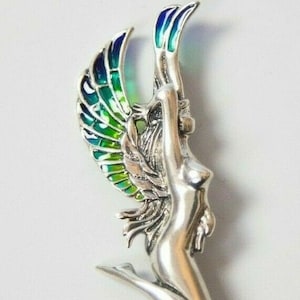 Silber Plique a Jour Emaille Fee Nymphe Brosche, Jugendstil Anstecknadel, griechische Göttin Schutzengel