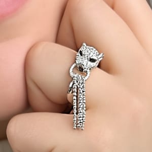Solid Silver Panther Ring with Cubic Zirconia, Size N