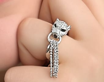 Solid Silver Panther Ring with Cubic Zirconia, Size N