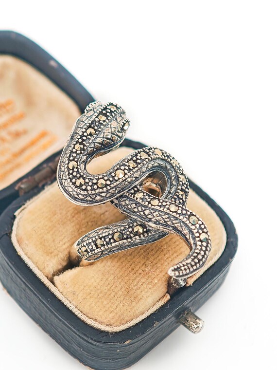 Solid Silver Snake Ring with Marcasites, Size U.K… - image 4