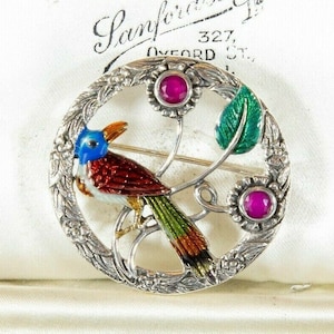 Sterling Silver Enamel Bird Brooch, Colorful Parrot, Pendant and Necklace 2-in-1