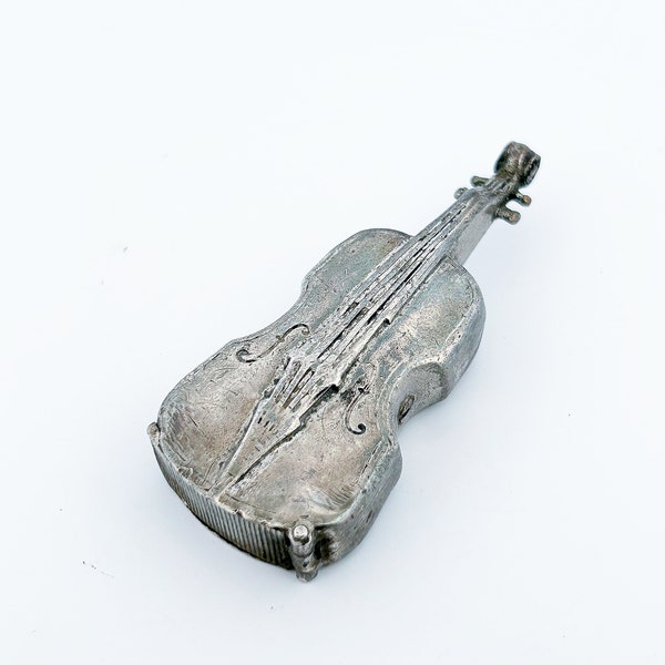 Vintage Silver Plated Violin Novelty Vesta, Match Safe, Match Striker, Decorative Match Storage, Novelty Musical Instrument Snuff Box