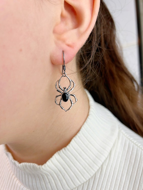Solid Silver Onyx Spider Earrings, Hypoallergenic… - image 2