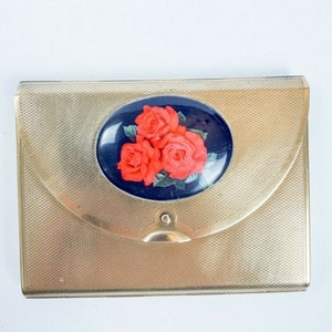 Rare Vintage 1950’s Folding Envelope Purse Compact with Mirror and Enamel Rose