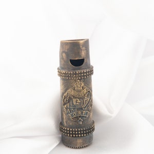 Brass vesta whistle shape with the great war engravings, snuff box, match safe, great war memorabilia, the battle of the somme collectable