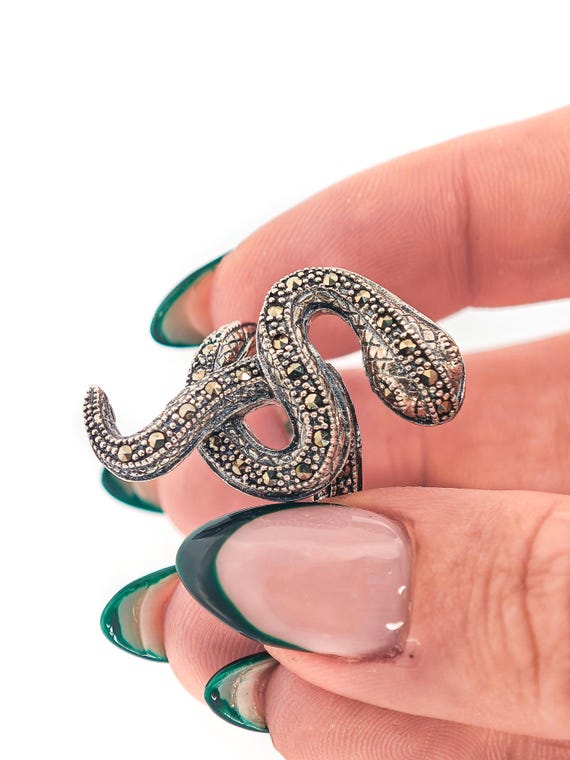 Solid Silver Snake Ring with Marcasites, Size U.K… - image 9