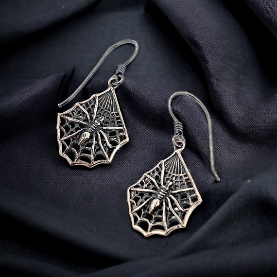 Solid Silver Spider Cobweb Earrings, Hypoallergen… - image 5