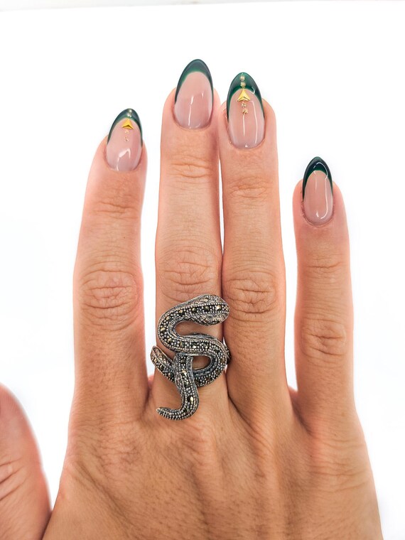 Solid Silver Snake Ring with Marcasites, Size U.K… - image 2