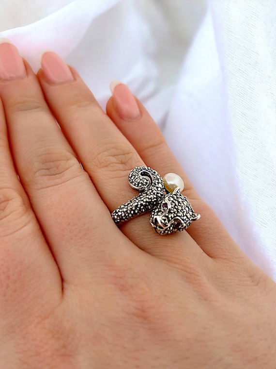Solid Silver Panther Ring with Marcasites, Rubies… - image 1