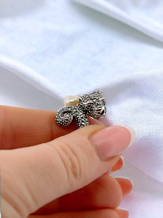 Solid Silver Panther Ring with Marcasites, Rubies… - image 3