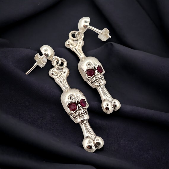 Solid Silver Skull and Ruby Earrings, Hypoallerge… - image 4