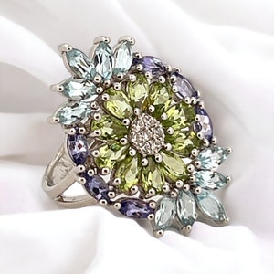 Fester Silber Peridot, Blautopas & Tansanit Ring, Einzigartige Form Ring, Geschenk für Schmuckliebhaber, Sterling Silber