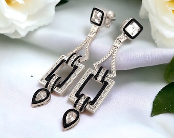 Fine Silver 1920s Inspired Drop Earrings, Handmade Solid Silver Elegant Earrings, Gift for Her, Occasion Flapper Jewelry, Art Deco Style