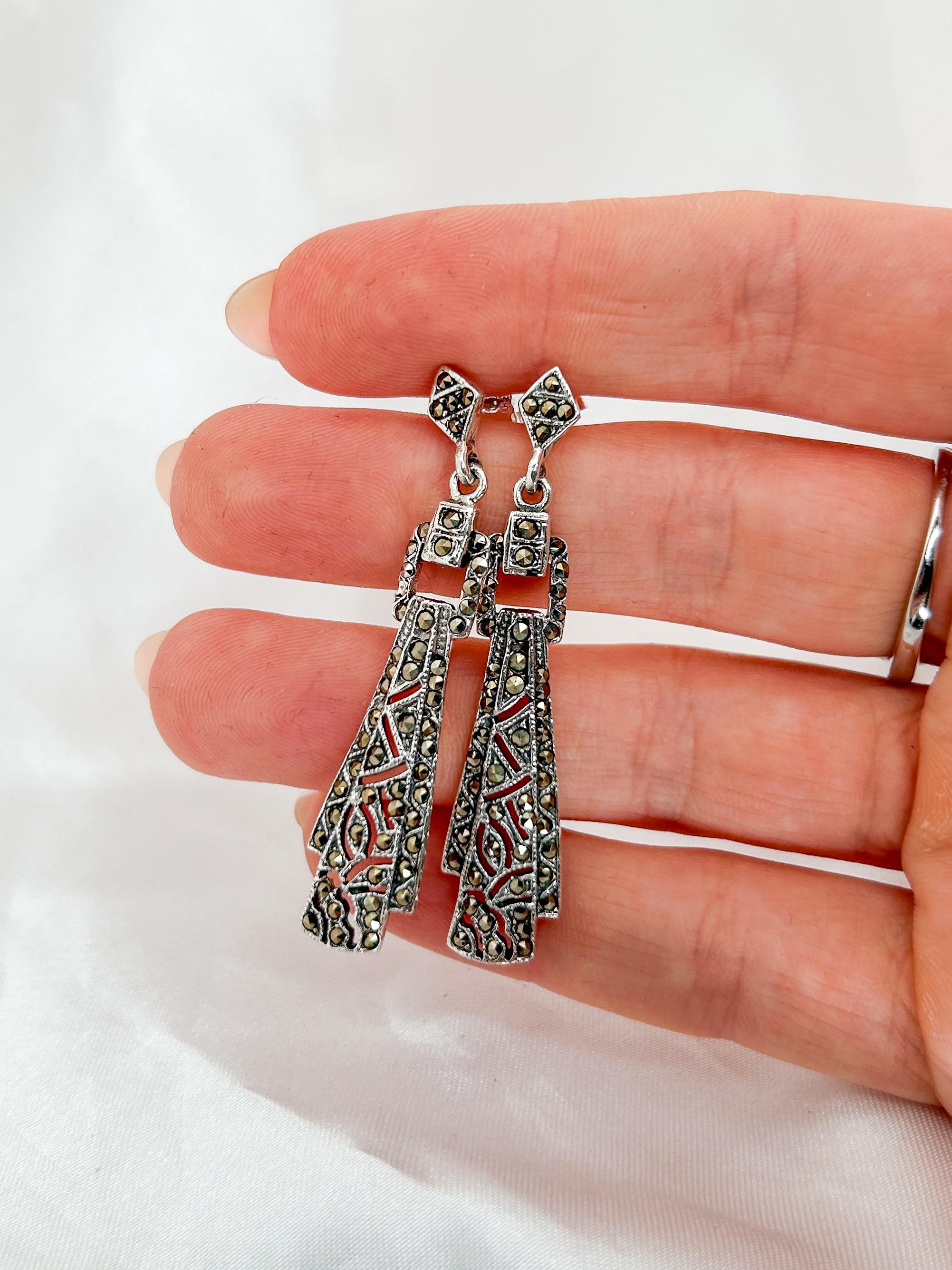 Art Deco Style Drop Earrings in Solid Silver with Lapis Lazuli and Marcasites
