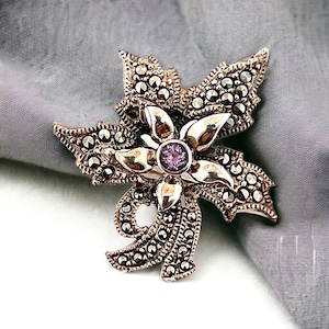 Vintage Silver Flower Amethyst Brooch, Hallmarked Floral Costume Jewelry with Marcasites