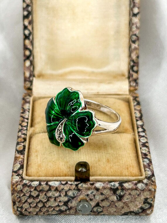 Green Enamel Flower Ring in Solid Silver with Mar… - image 7