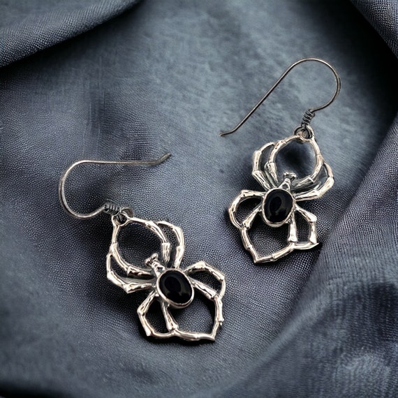 Solid Silver Onyx Spider Earrings, Hypoallergenic… - image 5