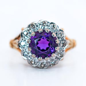 18ct Gold Amethyst and Diamond Halo Cluster Ring, Size UK L, Resizing Available