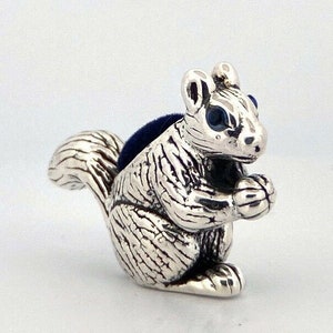 Sterling Silver Squirrel Blue Pin Cushion, Cute Gift Figurine, Squirrel and Sapphire Charm, English Hallmarked Gift
