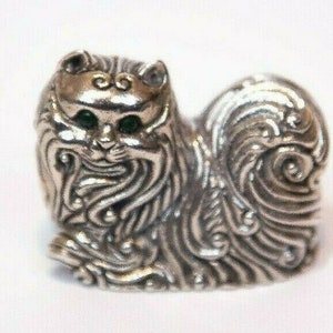 Chinese Cat Figure Charm Trinket with Emerald Eyes and Sterling Silver, Mini Kitty Figurine