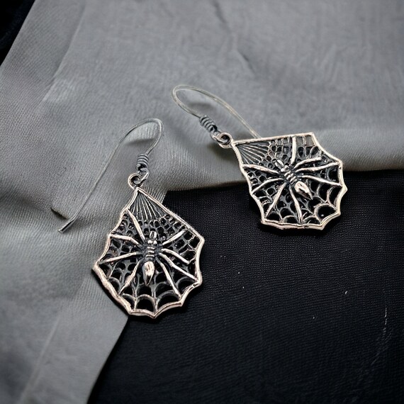 Solid Silver Spider Cobweb Earrings, Hypoallergen… - image 4