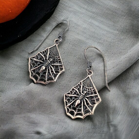 Solid Silver Spider Cobweb Earrings, Hypoallergen… - image 7