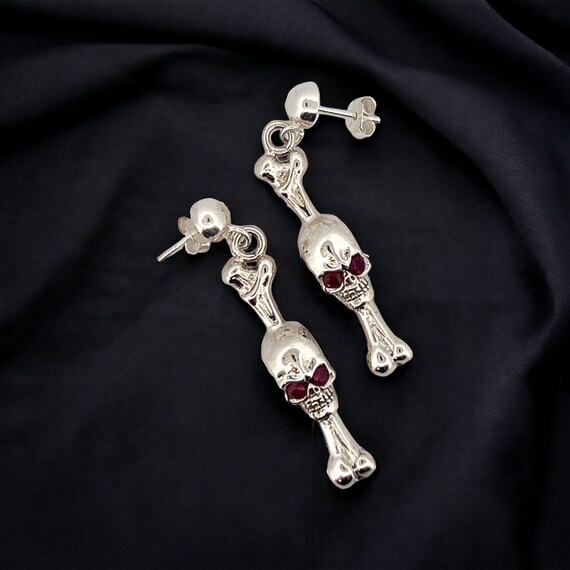 Solid Silver Skull and Ruby Earrings, Hypoallerge… - image 5