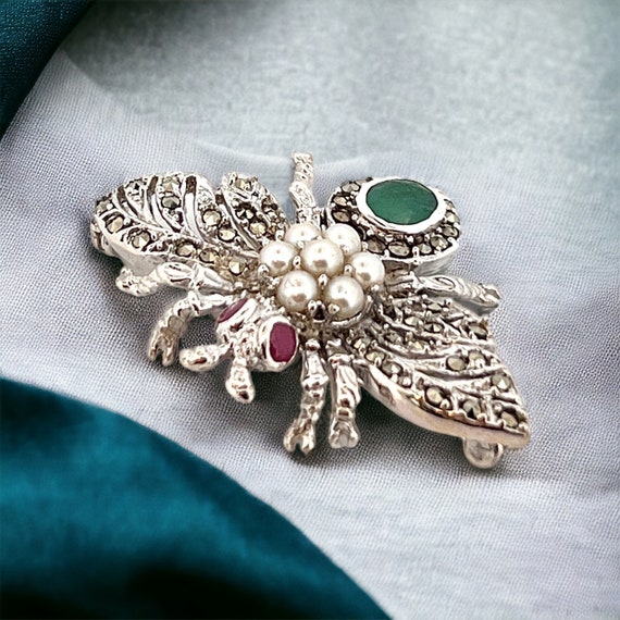 Silver Bug Brooch with Ruby, Pearl, and Marcasite… - image 4