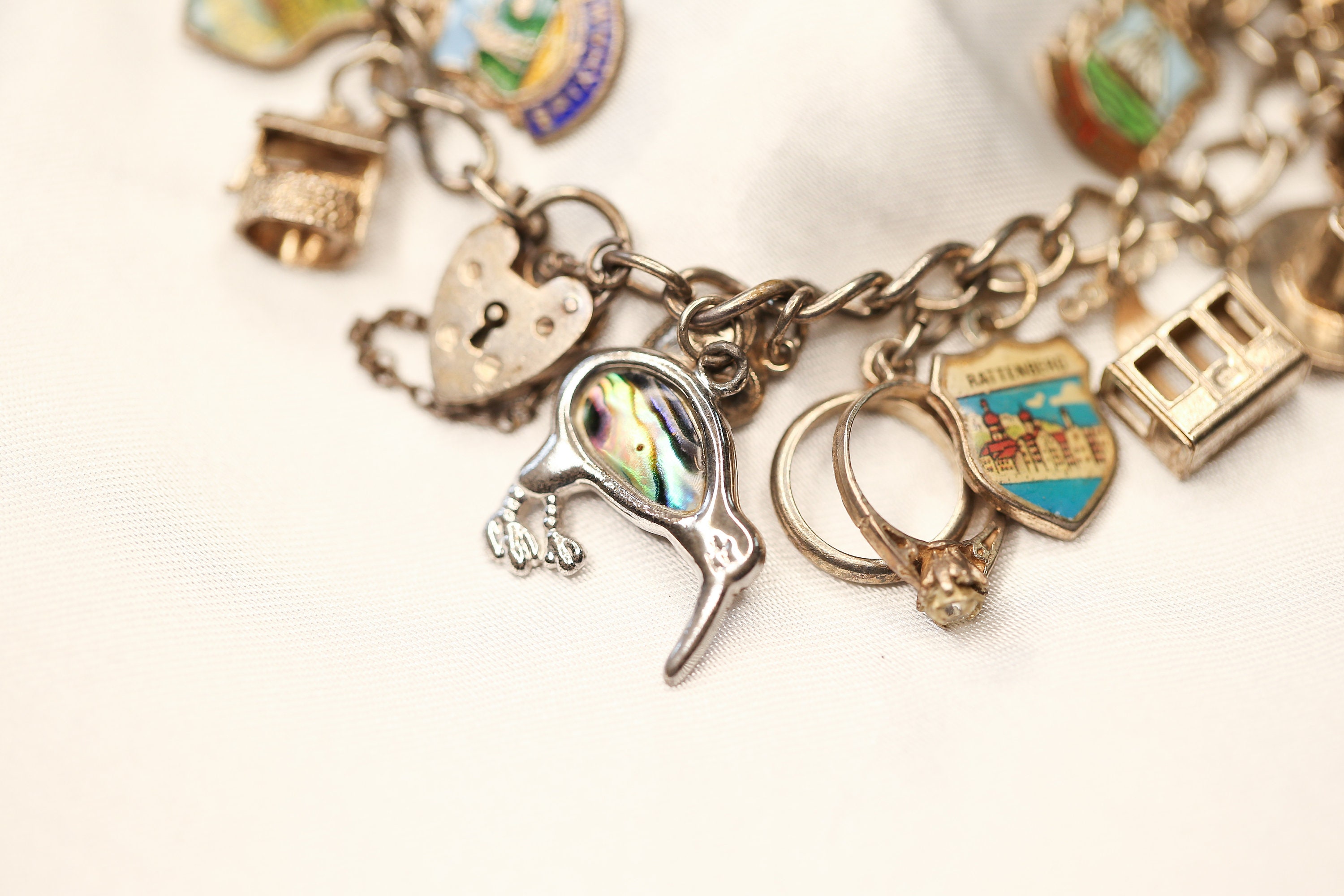 Vintage Full Sterling Silver Charm Bracelet - Padlock Clasp Vintage Full Sterling Silver Charm Bracelet - Padlock Clasp