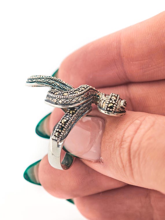 Solid Silver Snake Ring with Marcasites, Size U.K… - image 8