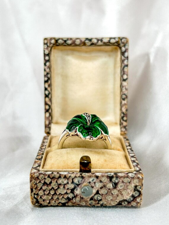 Green Enamel Flower Ring in Solid Silver with Mar… - image 4