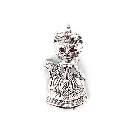 Solid Silver Queen Cat Brooch with Ruby Crown - image 1