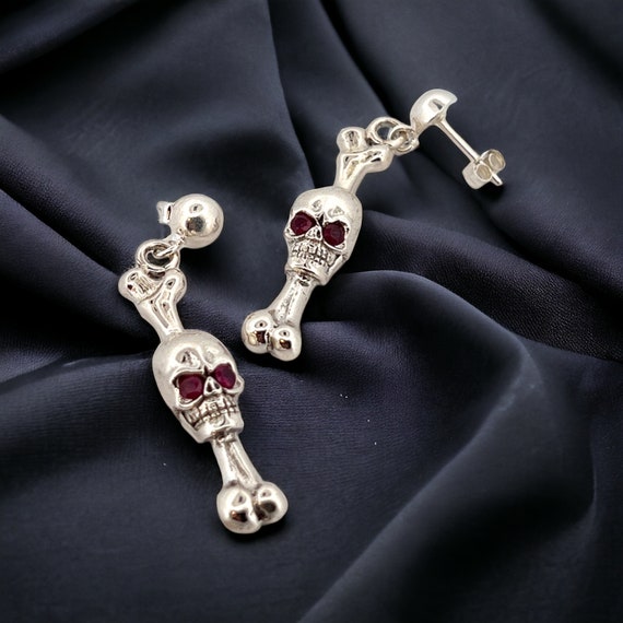 Solid Silver Skull and Ruby Earrings, Hypoallerge… - image 1